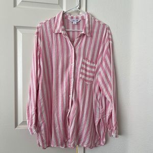 Pink Striped Linen-Blend Boyfriend Shirt for Women